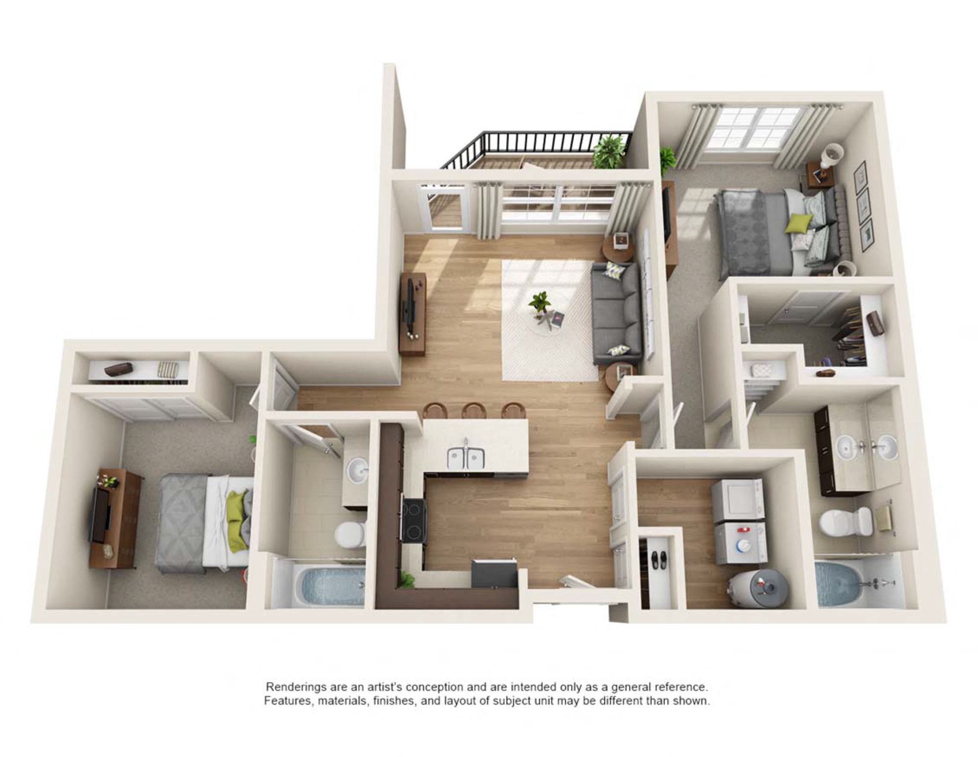 Floor plan for 1 bed, 2 baths, 1131 sqft